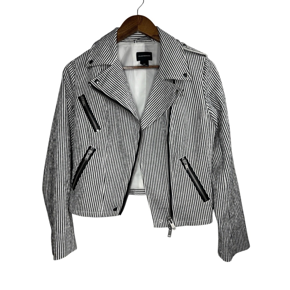 Club Monaco Moto Jacket Women's Size S/P Full Zip Lined Cropped White Striped